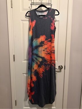 Sleeveless Tie-Dye Maxi Dress in Charcoal with Orange & Rainbow Accents